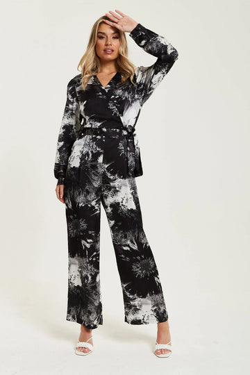 Mono Abstract Print Jumpsuit With Long Sleeves Liquorish